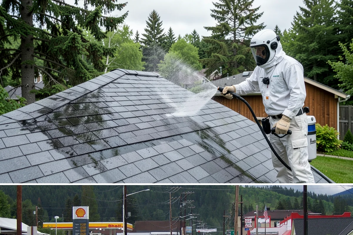 Concrete Pad Cleaning in Granite Falls, Snohomish County, WA - These shaded pads benefit from a summer cleaning when reduced rainfall slows the moss that otherwise returns quickly.