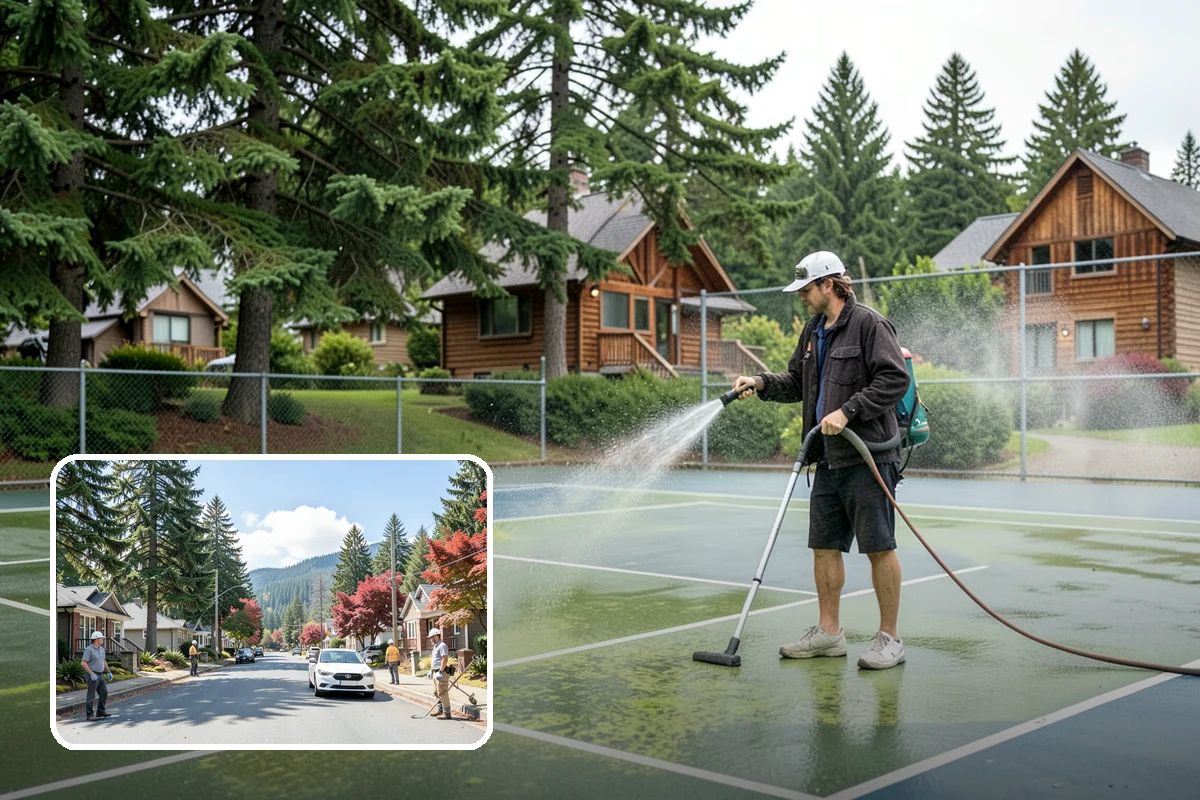 Concrete Pad Cleaning in Hunts Point, King County, WA - Clears moss from low, shaded utility slabs