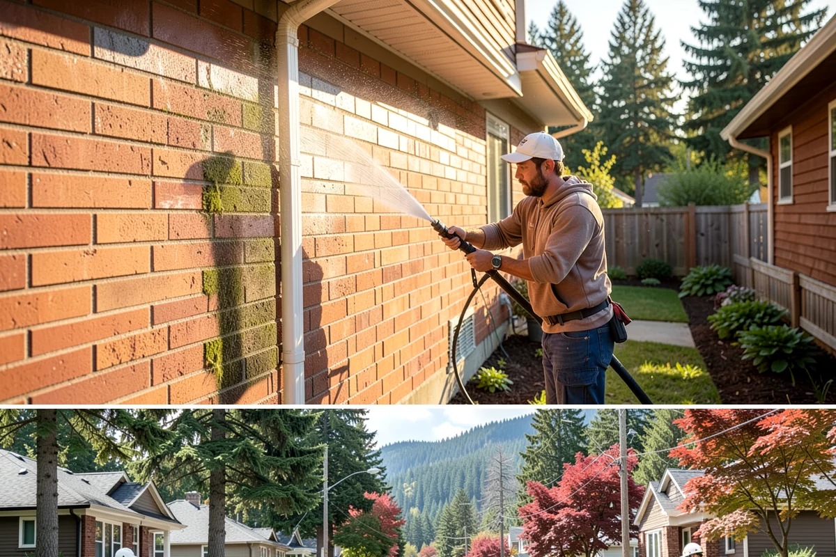 Concrete Pad Cleaning in Hunts Point, King County, WA - These shaded pads benefit from a summer cleaning when reduced rainfall slows the moss that otherwise returns quickly.