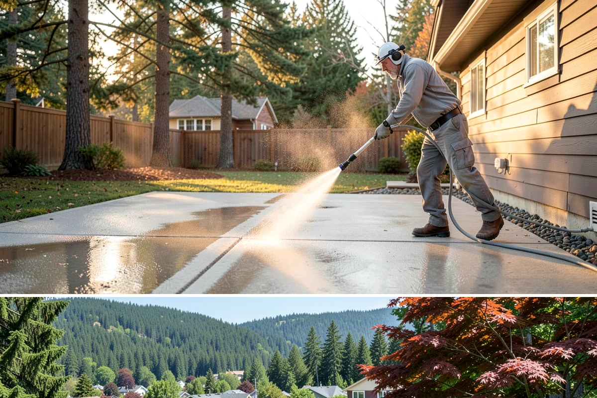 Concrete Pad Cleaning in Index, Snohomish County, WA - These shaded pads benefit from a summer cleaning when reduced rainfall slows the moss that otherwise returns quickly.