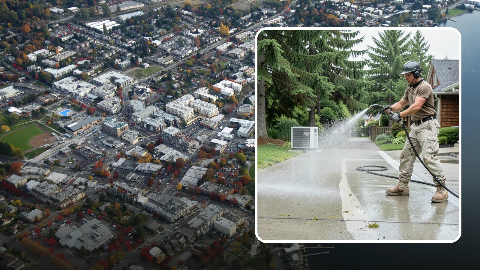 Concrete Pad Cleaning in Kirkland, King County, WA - Refresh AC pads, shed pads, and utility slabs that collect moss and debris in the damp Northwest climate.