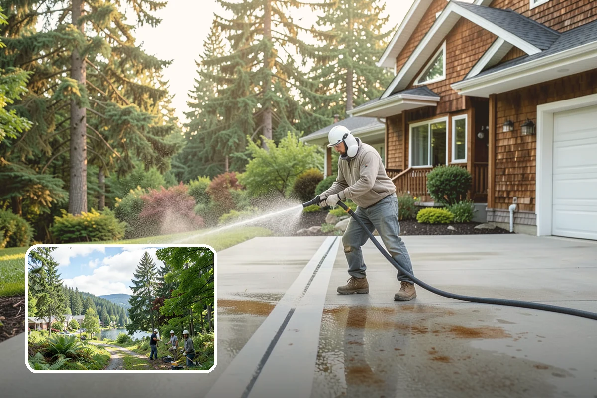Concrete Pad Cleaning in Lake Forest Park, King County, WA - Clears moss from low, shaded utility slabs
