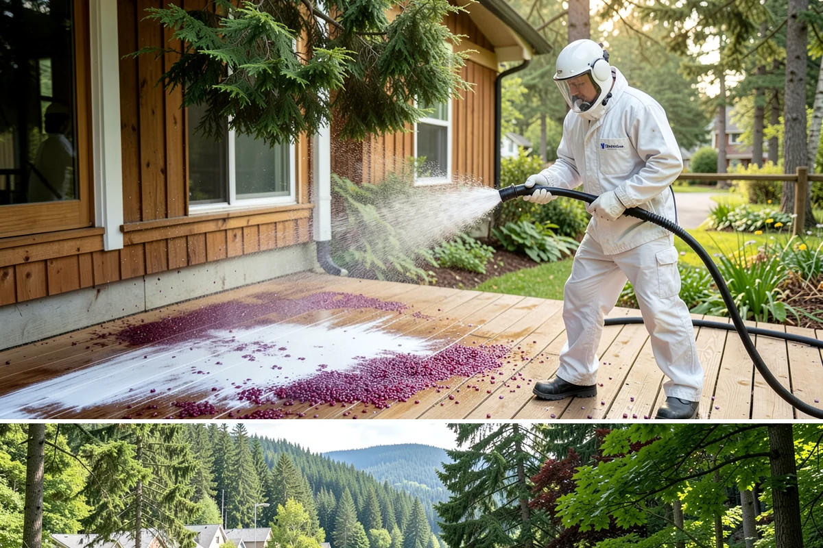 Concrete Pad Cleaning in Lake Forest Park, King County, WA - These shaded pads benefit from a summer cleaning when reduced rainfall slows the moss that otherwise returns quickly.