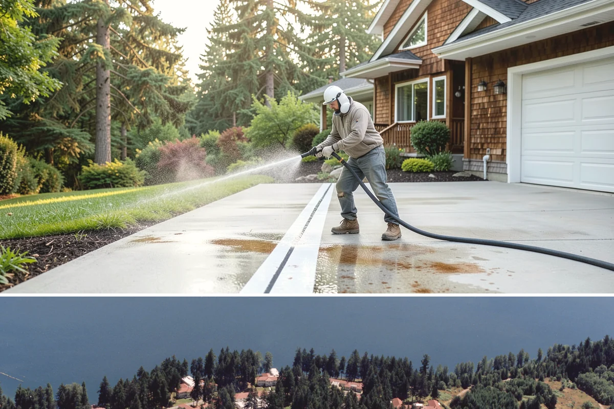 Concrete Pad Cleaning in Lakewood, Pierce County, WA - These shaded pads benefit from a summer cleaning when reduced rainfall slows the moss that otherwise returns quickly.