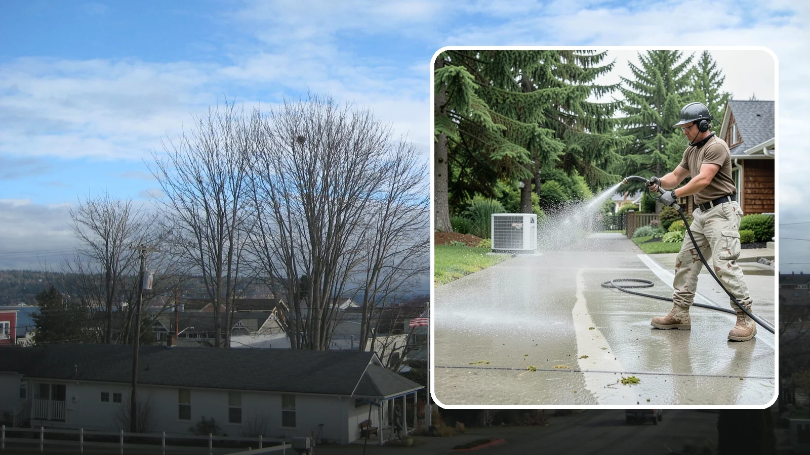 Concrete Pad Cleaning in Langley, Island County, WA - Refresh AC pads, shed pads, and utility slabs that collect moss and debris in the damp Northwest climate.