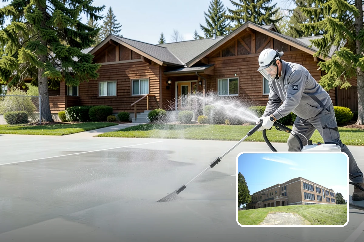 Concrete Pad Cleaning in Maple Valley, King County, WA - Clears moss from low, shaded utility slabs