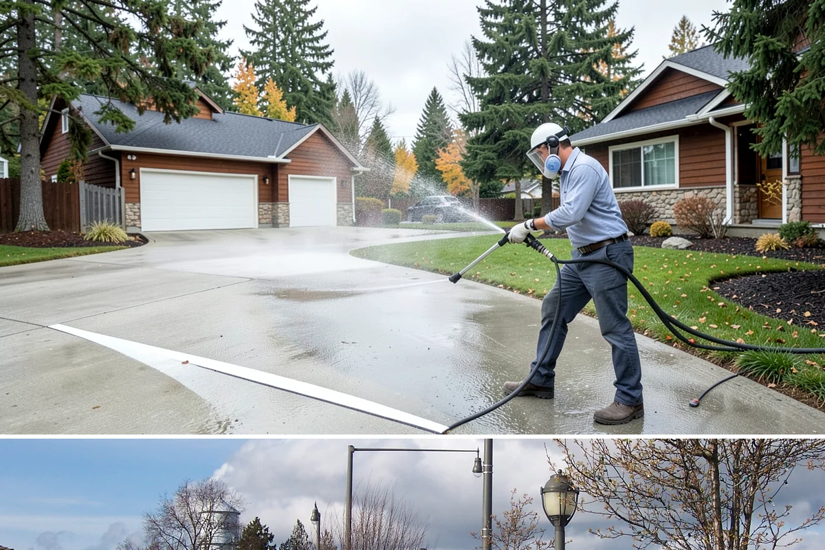 Concrete Pad Cleaning in Marysville, Snohomish County, WA - These shaded pads benefit from a summer cleaning when reduced rainfall slows the moss that otherwise returns quickly.