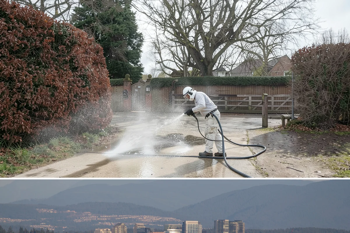 Concrete Pad Cleaning in Medina, King County, WA - These shaded pads benefit from a summer cleaning when reduced rainfall slows the moss that otherwise returns quickly.
