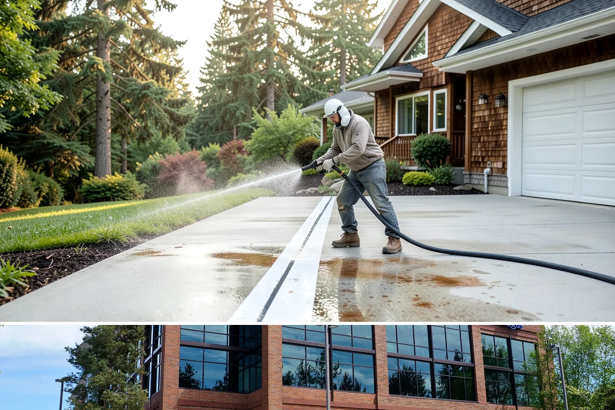 Concrete Pad Cleaning in Mountlake Terrace, Snohomish County, WA - These shaded pads benefit from a summer cleaning when reduced rainfall slows the moss that otherwise returns quickly.
