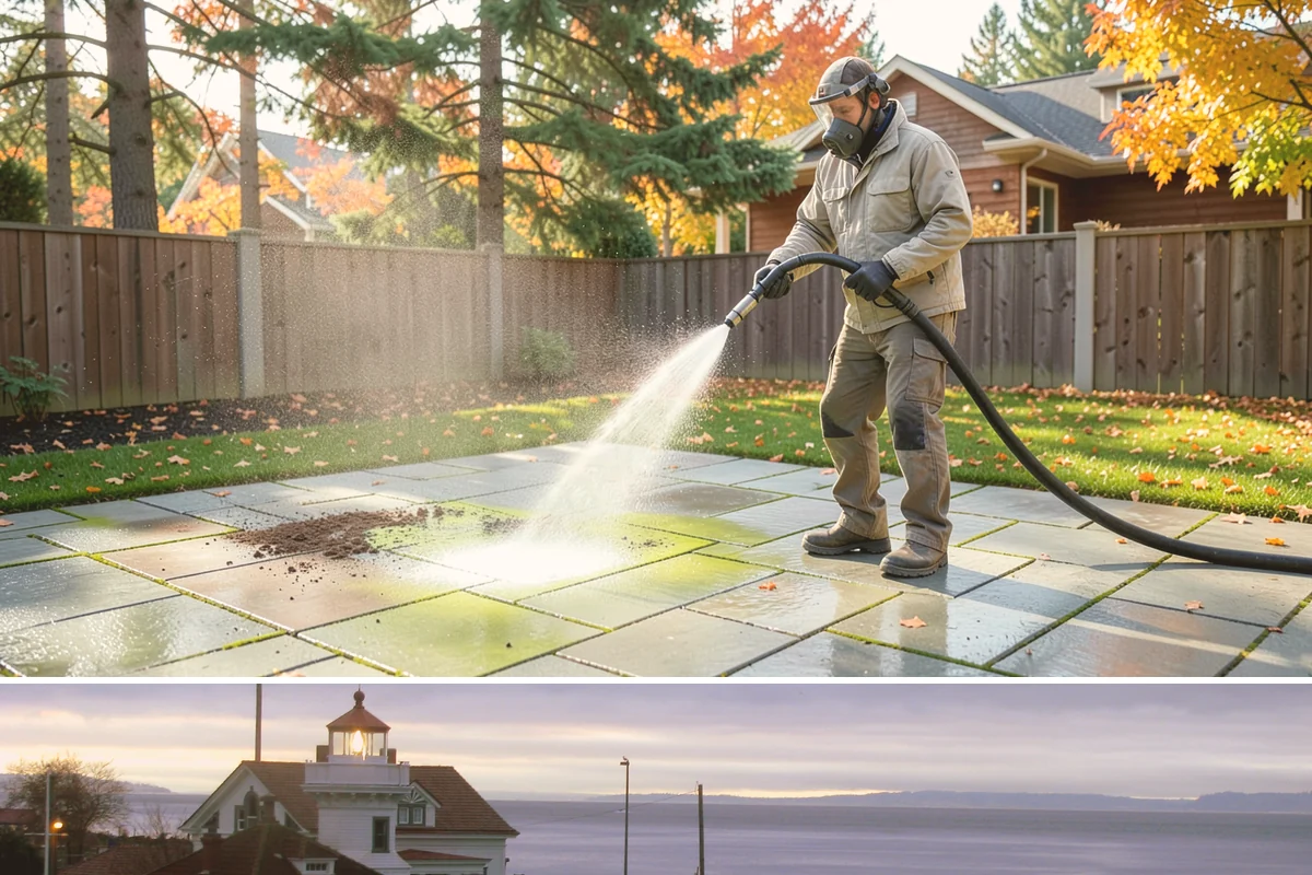 Concrete Pad Cleaning in Mukilteo, Snohomish County, WA - These shaded pads benefit from a summer cleaning when reduced rainfall slows the moss that otherwise returns quickly.