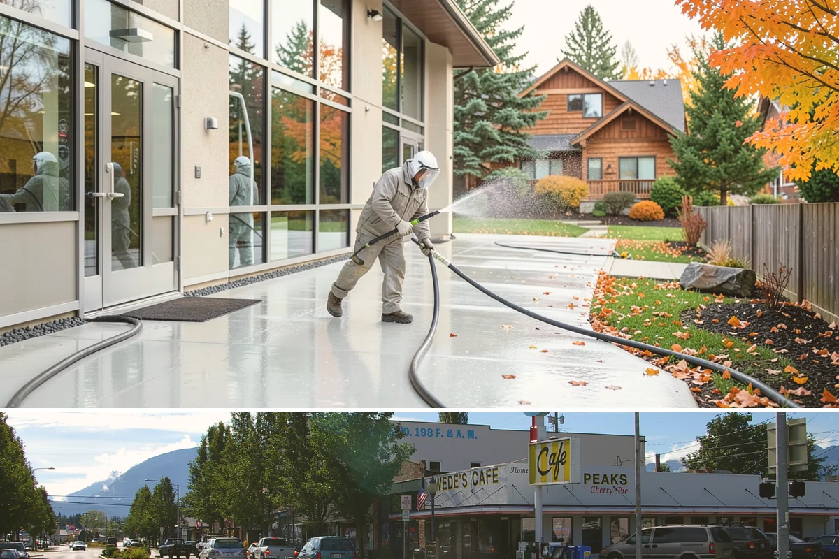 Concrete Pad Cleaning in North Bend, King County, WA - These shaded pads benefit from a summer cleaning when reduced rainfall slows the moss that otherwise returns quickly.