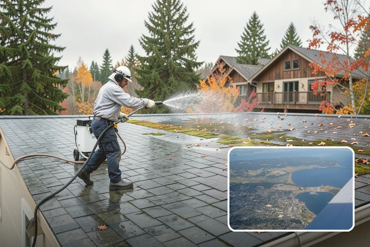 Concrete Pad Cleaning in Oak Harbor, Island County, WA - Clears moss from low, shaded utility slabs