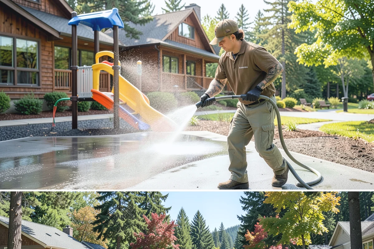 Concrete Pad Cleaning in Orting, Pierce County, WA - These shaded pads benefit from a summer cleaning when reduced rainfall slows the moss that otherwise returns quickly.