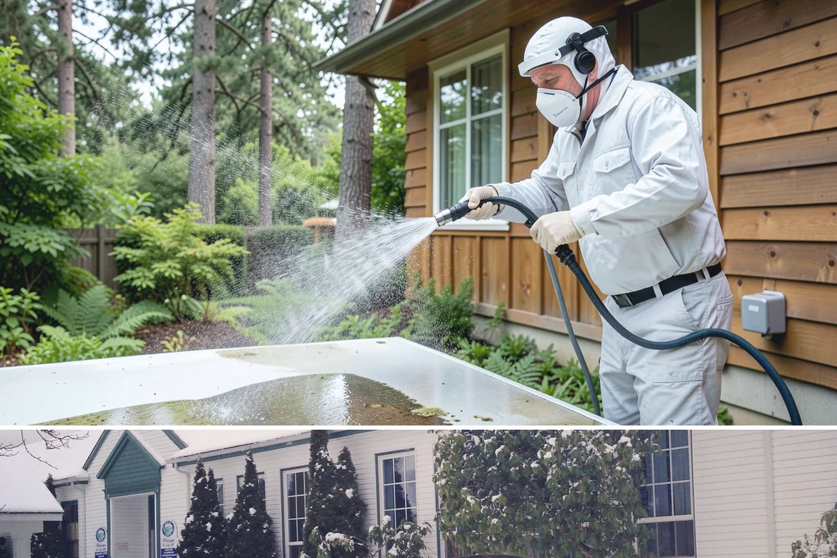 Concrete Pad Cleaning in Pacific, King County, WA - These shaded pads benefit from a summer cleaning when reduced rainfall slows the moss that otherwise returns quickly.