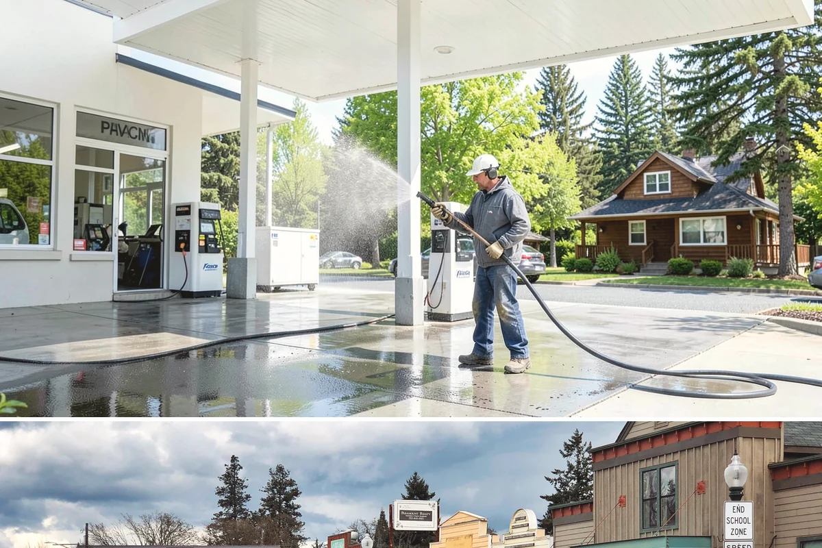 Concrete Pad Cleaning in Roy, Pierce County, WA - These shaded pads benefit from a summer cleaning when reduced rainfall slows the moss that otherwise returns quickly.