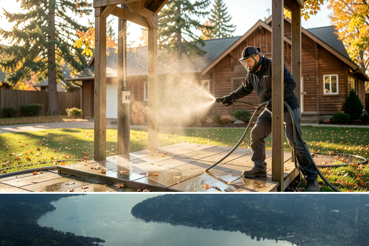 Concrete Pad Cleaning in Sammamish, King County, WA - These shaded pads benefit from a summer cleaning when reduced rainfall slows the moss that otherwise returns quickly.