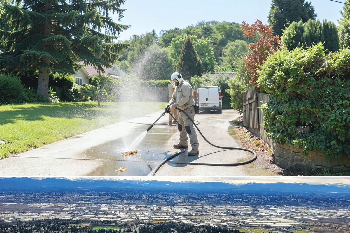 Concrete Pad Cleaning in SeaTac, King County, WA - These shaded pads benefit from a summer cleaning when reduced rainfall slows the moss that otherwise returns quickly.
