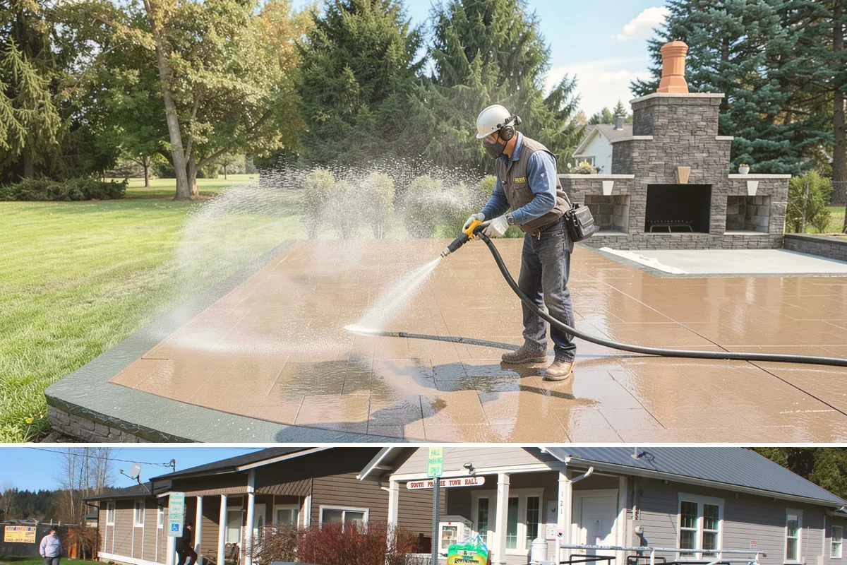 Concrete Pad Cleaning in South Prairie, Pierce County, WA - These shaded pads benefit from a summer cleaning when reduced rainfall slows the moss that otherwise returns quickly.