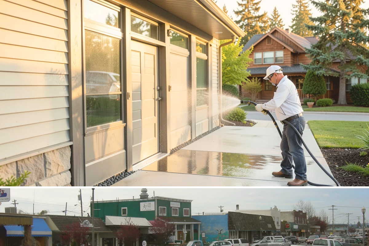 Concrete Pad Cleaning in Stanwood, Snohomish County, WA - These shaded pads benefit from a summer cleaning when reduced rainfall slows the moss that otherwise returns quickly.