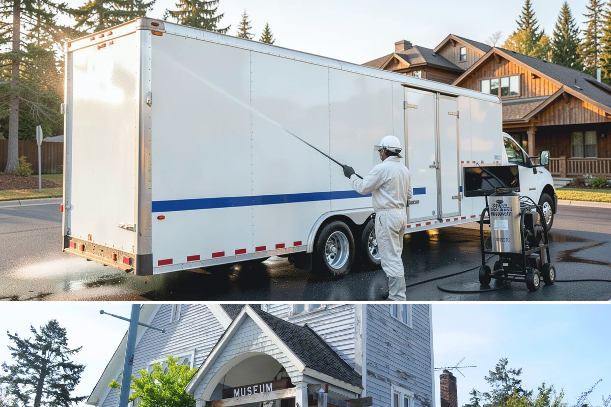 Concrete Pad Cleaning in Steilacoom, Pierce County, WA - These shaded pads benefit from a summer cleaning when reduced rainfall slows the moss that otherwise returns quickly.
