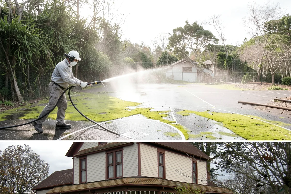 Concrete Pad Cleaning in Sumner, Pierce County, WA - These shaded pads benefit from a summer cleaning when reduced rainfall slows the moss that otherwise returns quickly.