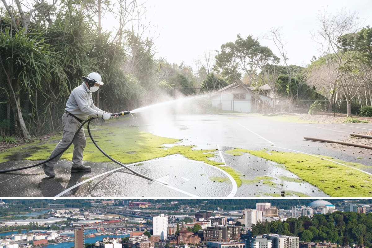 Concrete Pad Cleaning in Tacoma, Pierce County, WA - These shaded pads benefit from a summer cleaning when reduced rainfall slows the moss that otherwise returns quickly.