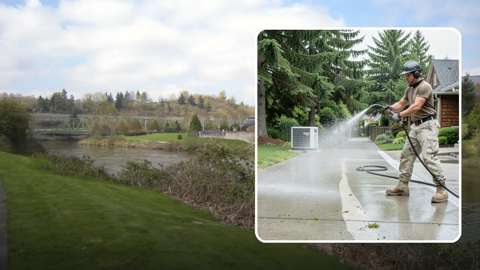 Concrete Pad Cleaning in Tukwila, King County, WA - Refresh AC pads, shed pads, and utility slabs that collect moss and debris in the damp Northwest climate.