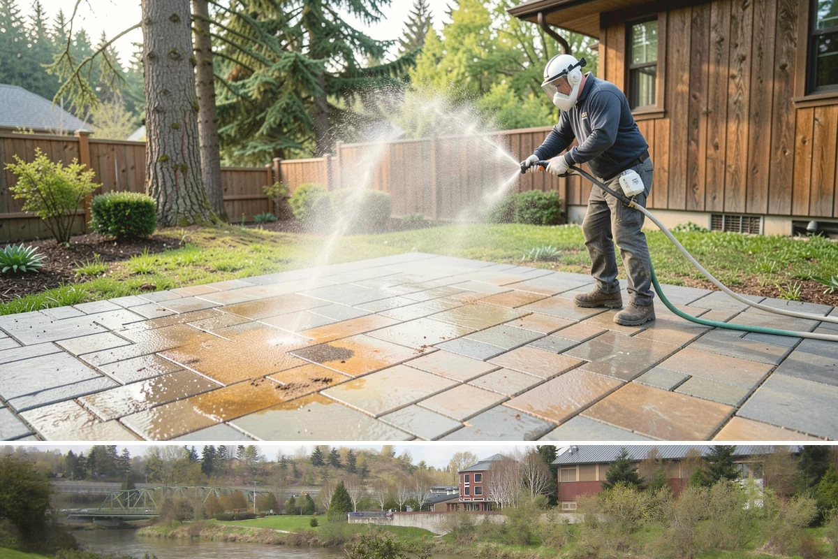 Concrete Pad Cleaning in Tukwila, King County, WA - These shaded pads benefit from a summer cleaning when reduced rainfall slows the moss that otherwise returns quickly.