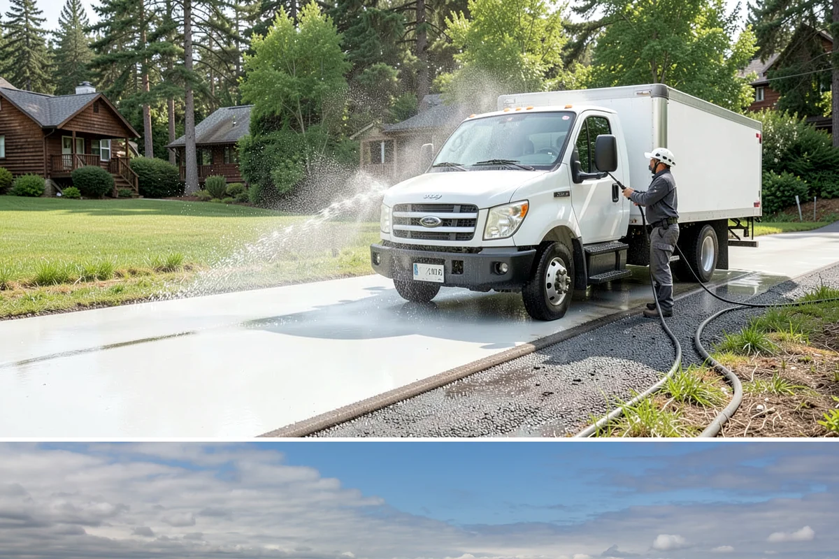 Concrete Pad Cleaning in University Place, Pierce County, WA - These shaded pads benefit from a summer cleaning when reduced rainfall slows the moss that otherwise returns quickly.