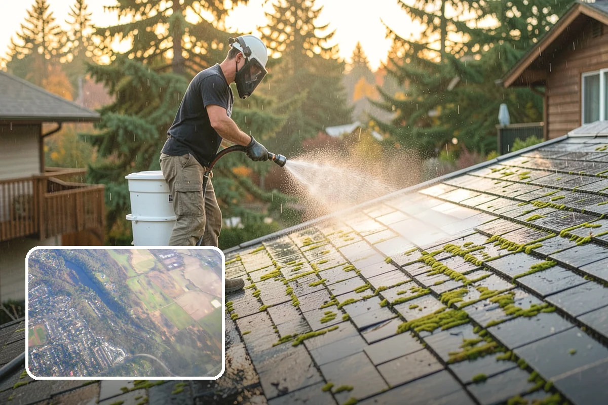 Concrete Patio Cleaning in Algona, King County, WA - Erases the green algae haze from the whole slab