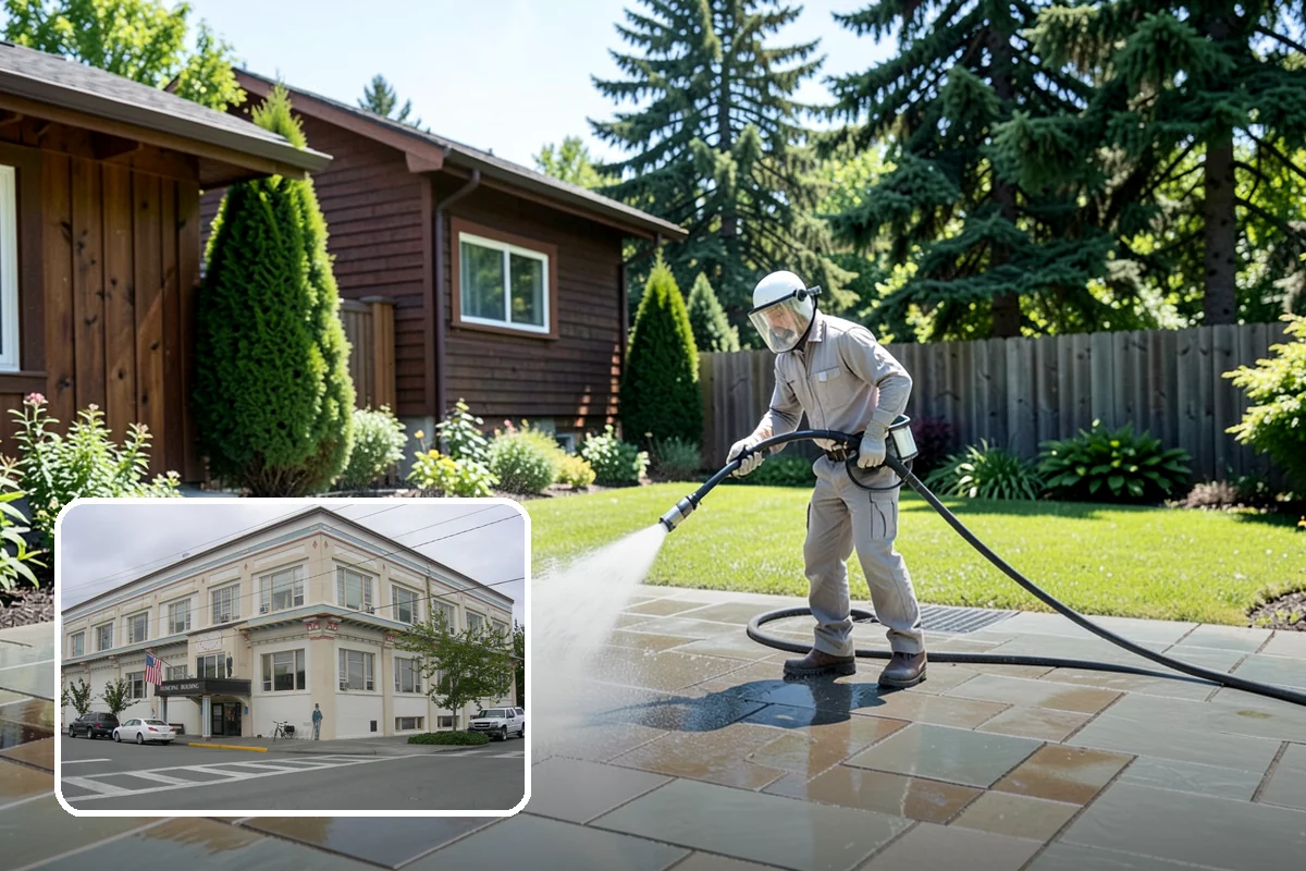 Concrete Patio Cleaning in Anacortes, Skagit County, WA - Erases the green algae haze from the whole slab
