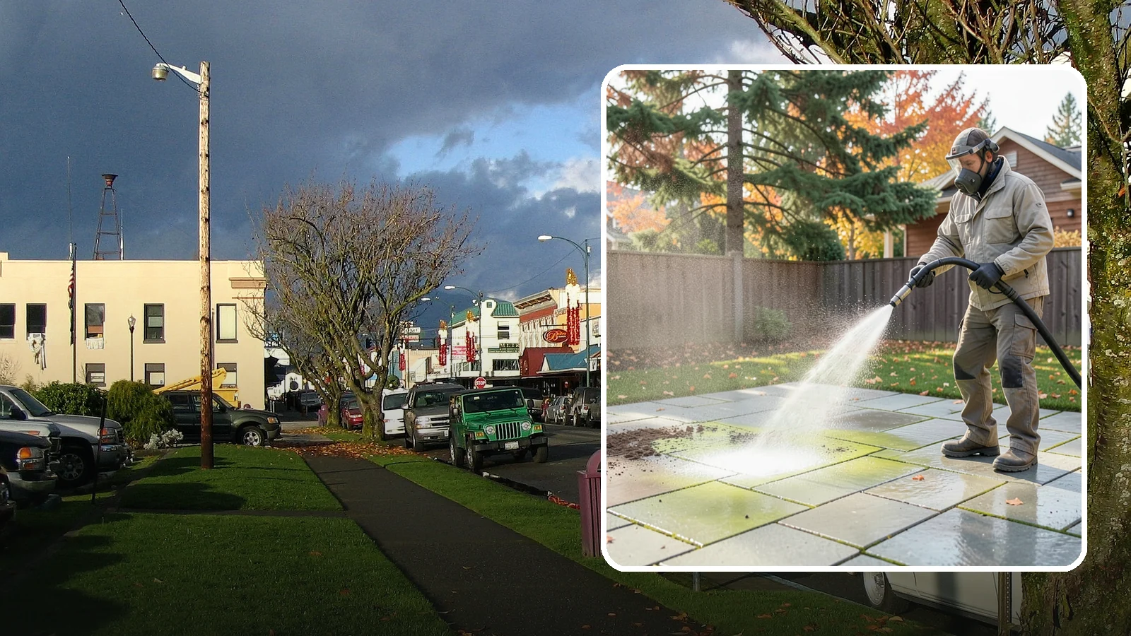 Concrete Patio Cleaning in Arlington, Snohomish County, WA - Deep-clean concrete patios to lift the green algae haze that overcast Washington summers encourage.
