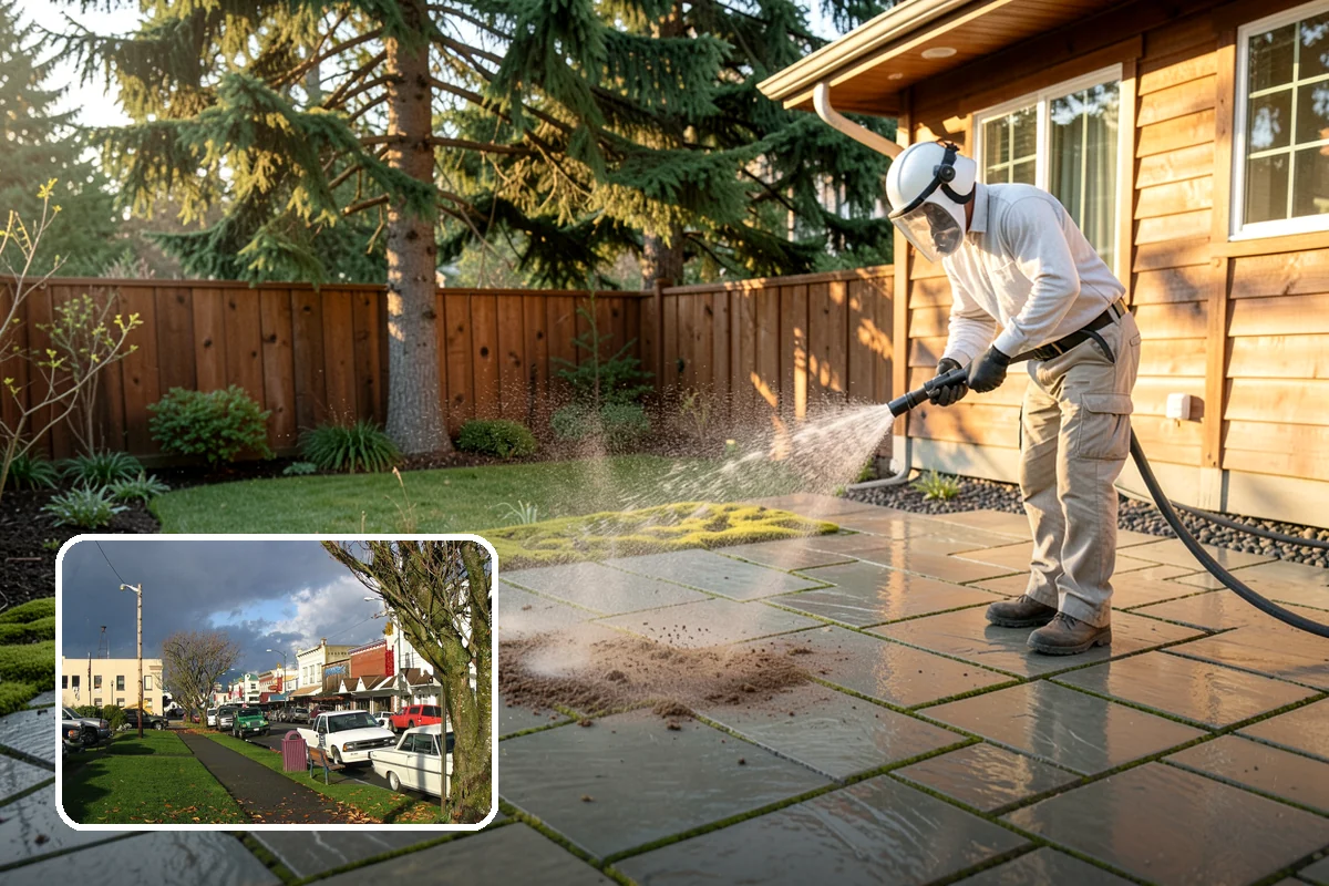 Concrete Patio Cleaning in Arlington, Snohomish County, WA - Erases the green algae haze from the whole slab