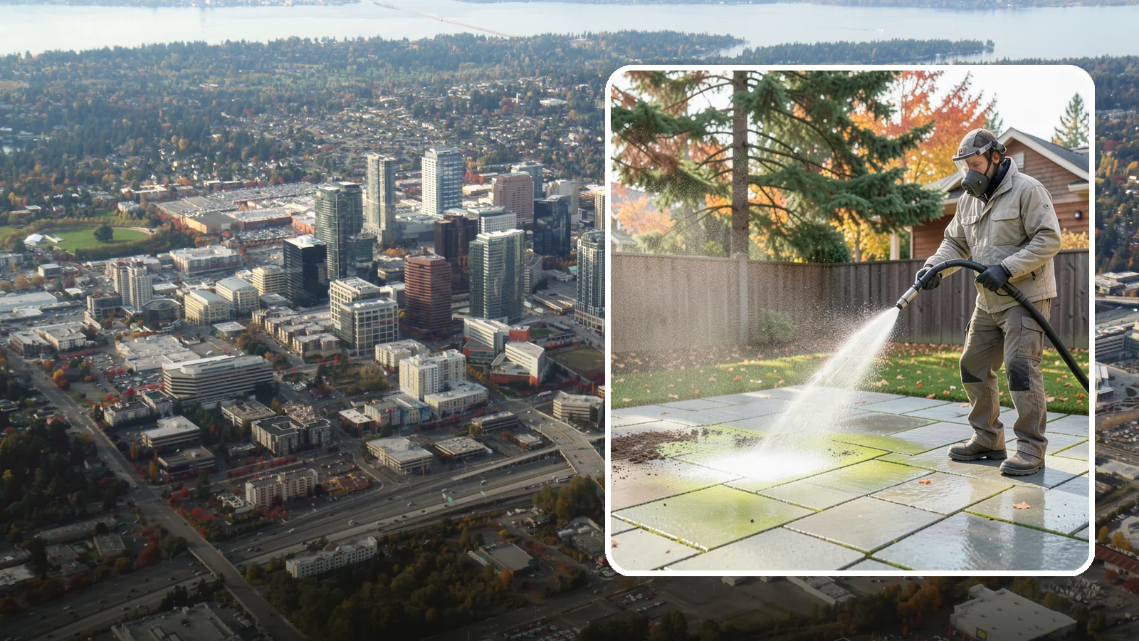 Concrete Patio Cleaning in Bellevue, King County, WA - Deep-clean concrete patios to lift the green algae haze that overcast Washington summers encourage.