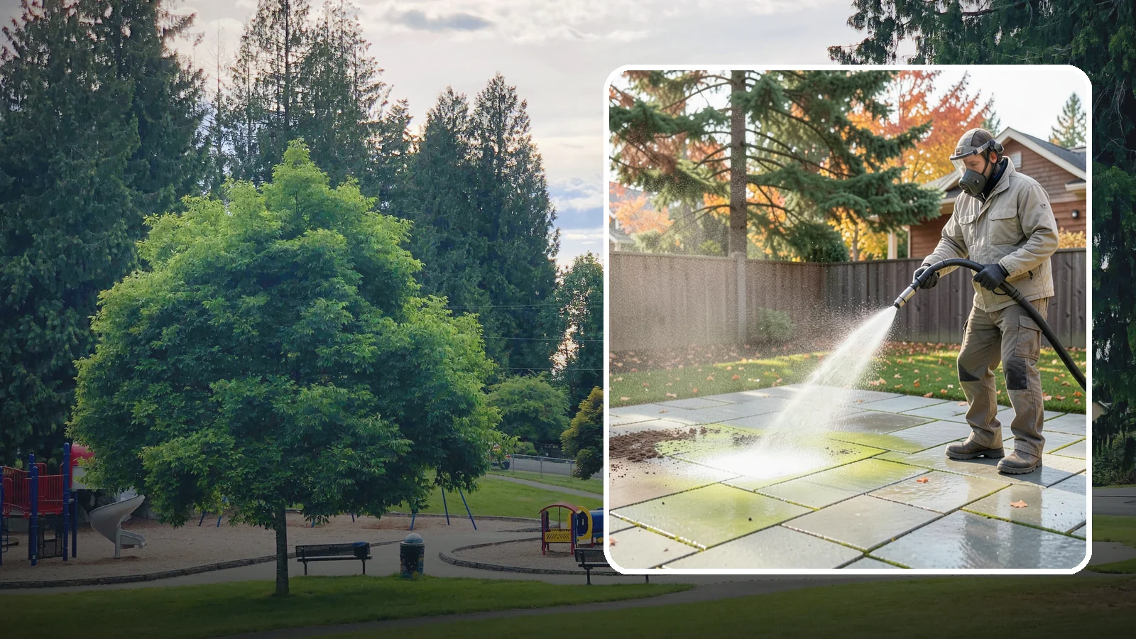 Concrete Patio Cleaning in Bonney Lake, Pierce County, WA - Deep-clean concrete patios to lift the green algae haze that overcast Washington summers encourage.