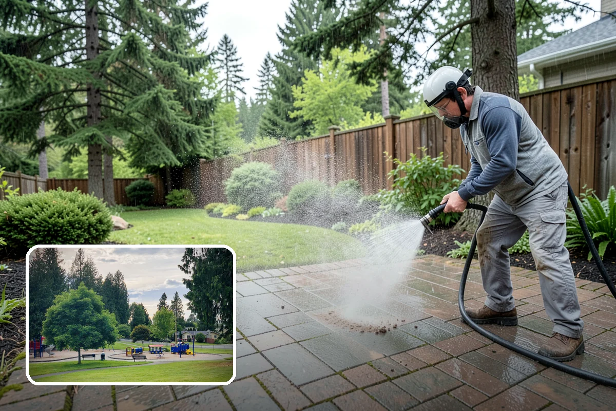 Concrete Patio Cleaning in Bonney Lake, Pierce County, WA - Erases the green algae haze from the whole slab