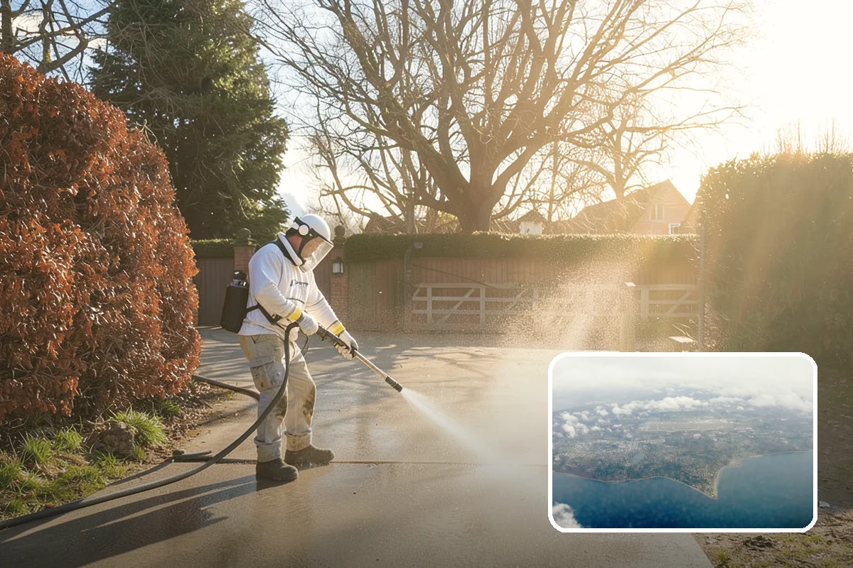 Concrete Patio Cleaning in Burien, King County, WA - Erases the green algae haze from the whole slab