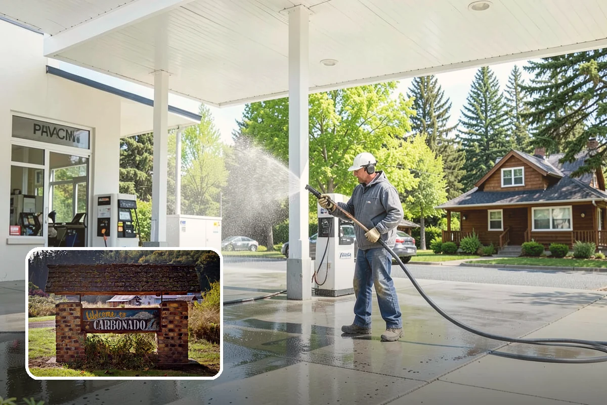 Concrete Patio Cleaning in Carbonado, Pierce County, WA - Erases the green algae haze from the whole slab