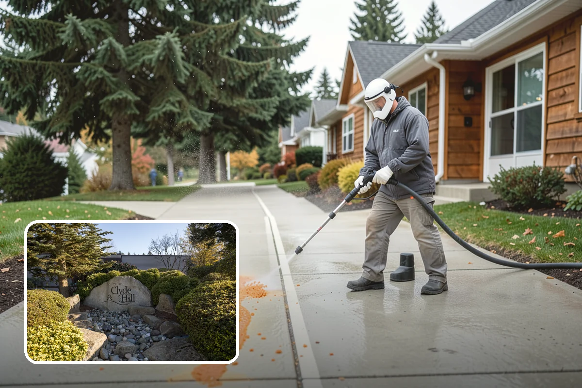 Concrete Patio Cleaning in Clyde Hill, King County, WA - Erases the green algae haze from the whole slab
