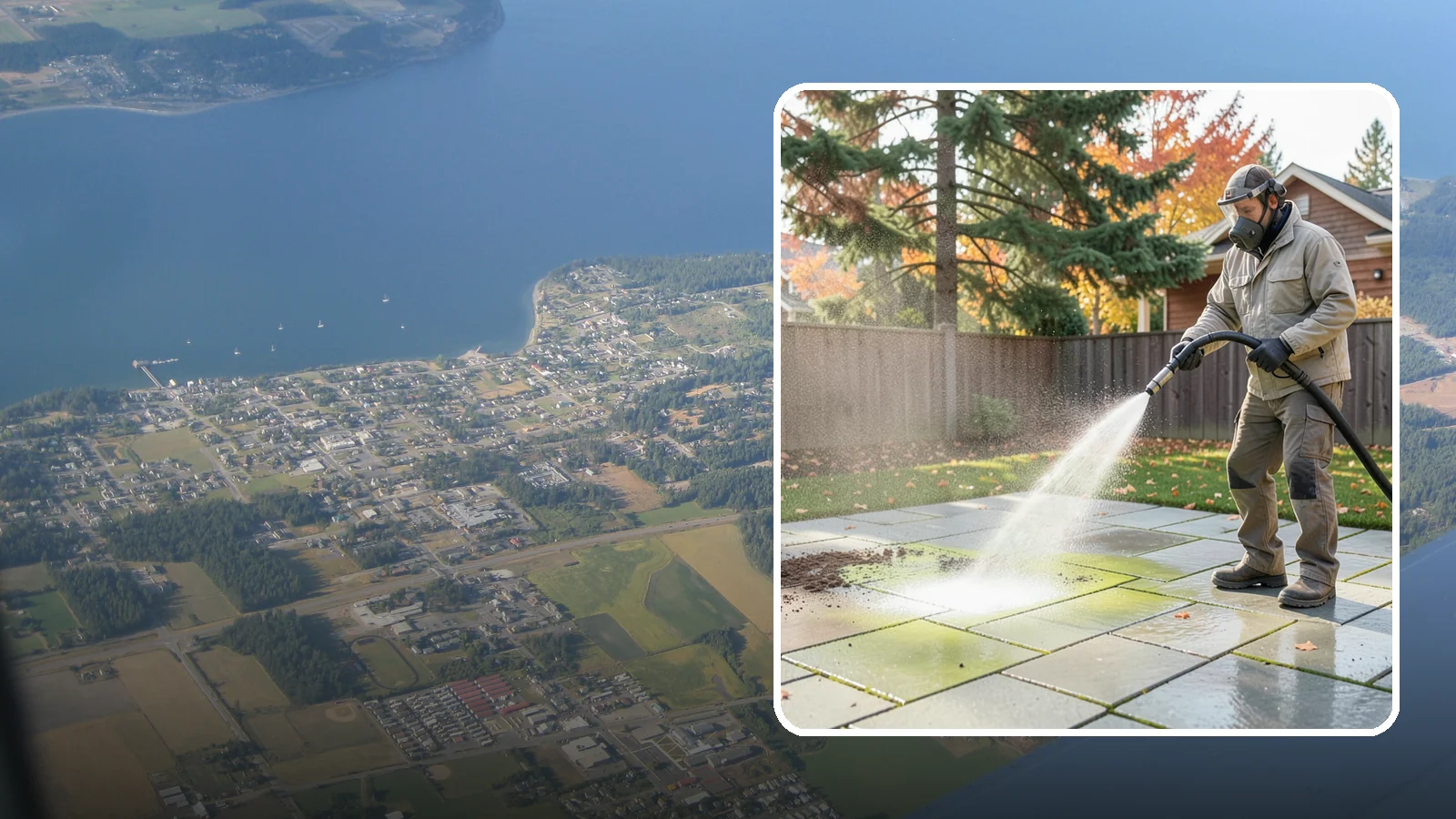 Concrete Patio Cleaning in Coupeville, Island County, WA - Deep-clean concrete patios to lift the green algae haze that overcast Washington summers encourage.