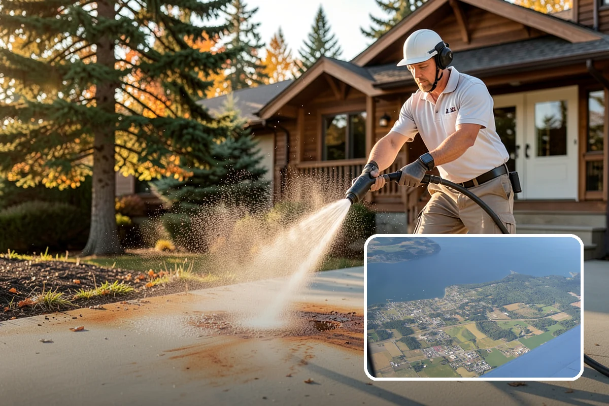 Concrete Patio Cleaning in Coupeville, Island County, WA - Erases the green algae haze from the whole slab