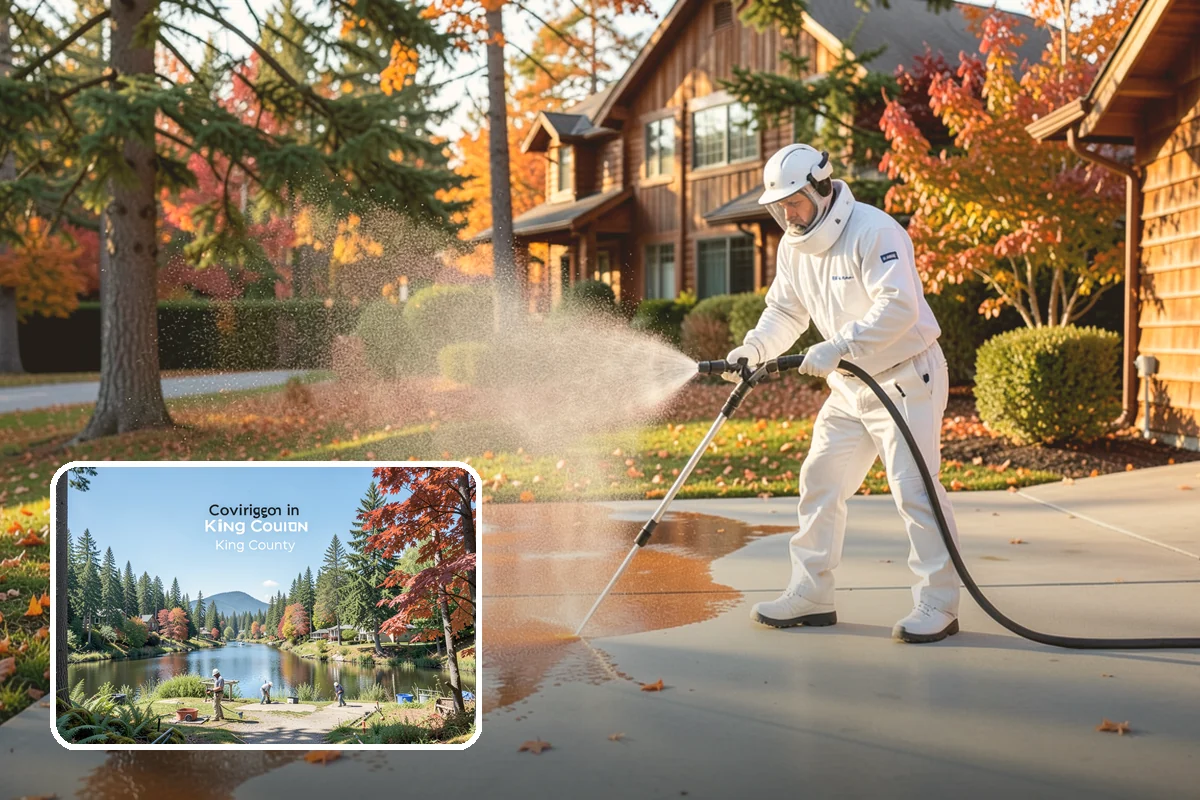 Concrete Patio Cleaning in Covington, King County, WA - Erases the green algae haze from the whole slab