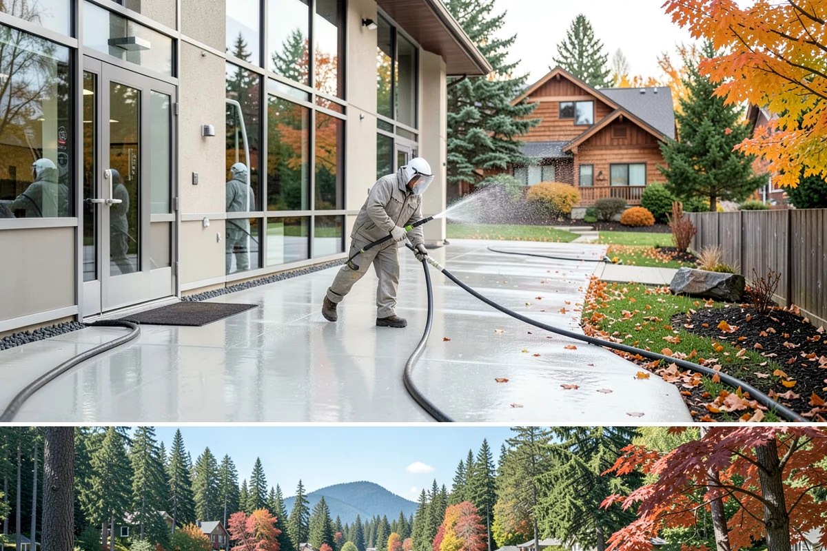 Concrete Patio Cleaning in Covington, King County, WA - Clean concrete patios in late spring so they are ready for peak Northwest patio season.