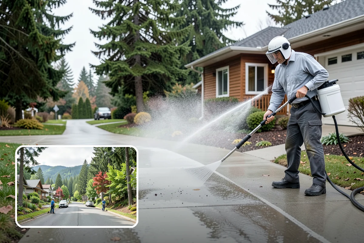 Concrete Patio Cleaning in Darrington, Snohomish County, WA - Erases the green algae haze from the whole slab