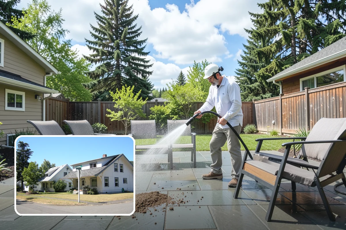 Concrete Patio Cleaning in DuPont, Pierce County, WA - Erases the green algae haze from the whole slab