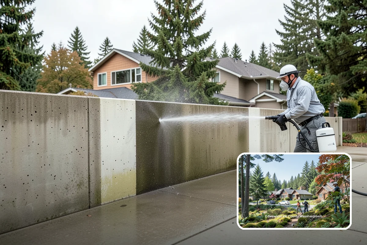 Concrete Patio Cleaning in Edgewood, Pierce County, WA - Erases the green algae haze from the whole slab