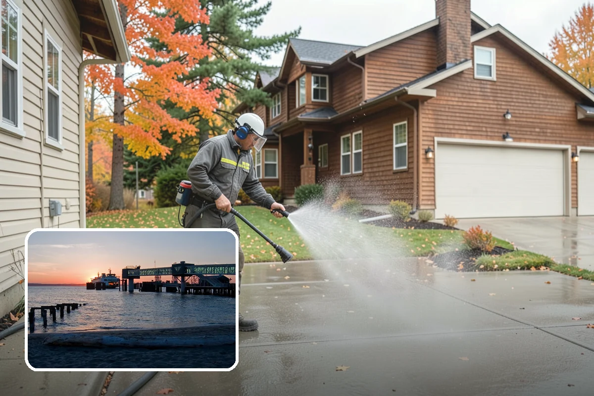 Concrete Patio Cleaning in Edmonds, Snohomish County, WA - Erases the green algae haze from the whole slab