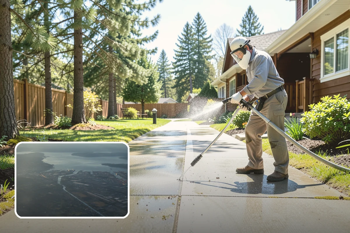 Concrete Patio Cleaning in Fife, Pierce County, WA - Erases the green algae haze from the whole slab