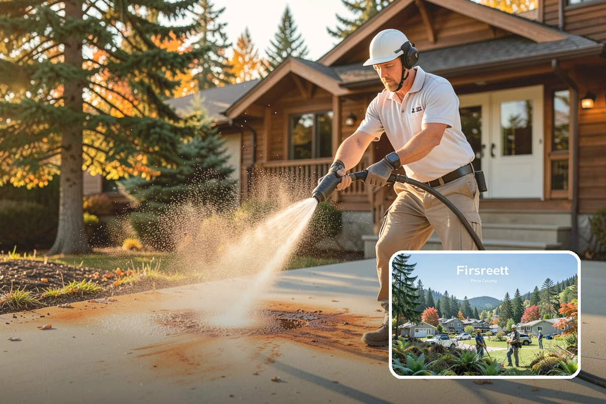 Concrete Patio Cleaning in Fircrest, Pierce County, WA - Erases the green algae haze from the whole slab