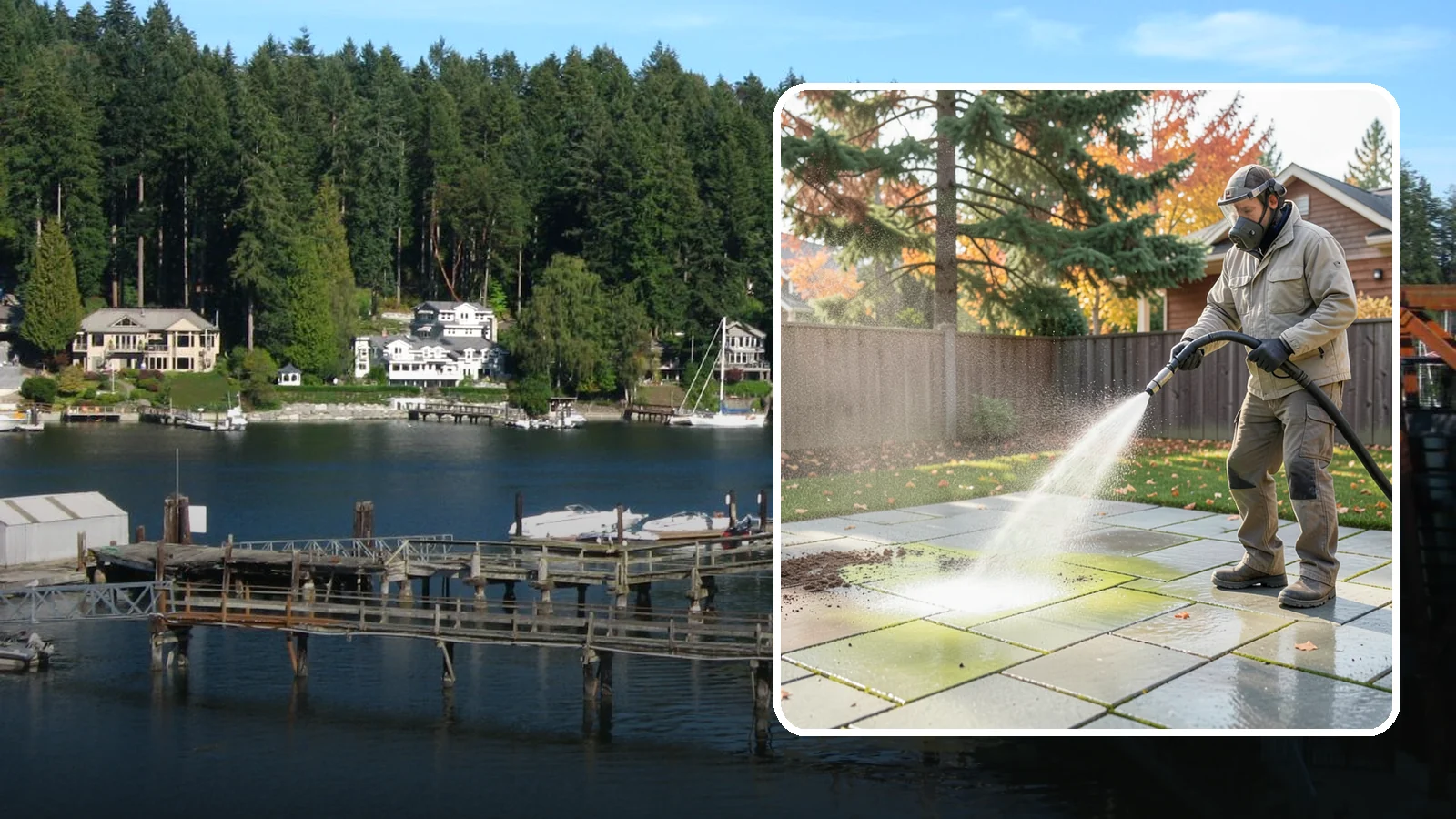 Concrete Patio Cleaning in Gig Harbor, Pierce County, WA - Deep-clean concrete patios to lift the green algae haze that overcast Washington summers encourage.